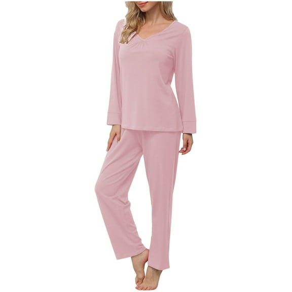 Brondbend Women's Pajama Sets 2 Piece Sleepwear Outfits Women V Neck Long Sleeve Solid Color Shirt and Casual Straight Leg Long Pants Suit Loose Fit Comfort Daily Home Wear Fall Winter,Pink