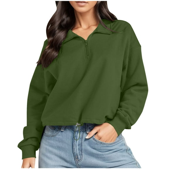 Brondbend Women's Quarter Zip Pullover Sweat Shirt for Women Half Turtleneck Long Sleeved Solid Color Drawstring Casual Top Loose Fit Fall Winter Fashion Party or Work Comfortable Top,Army Green