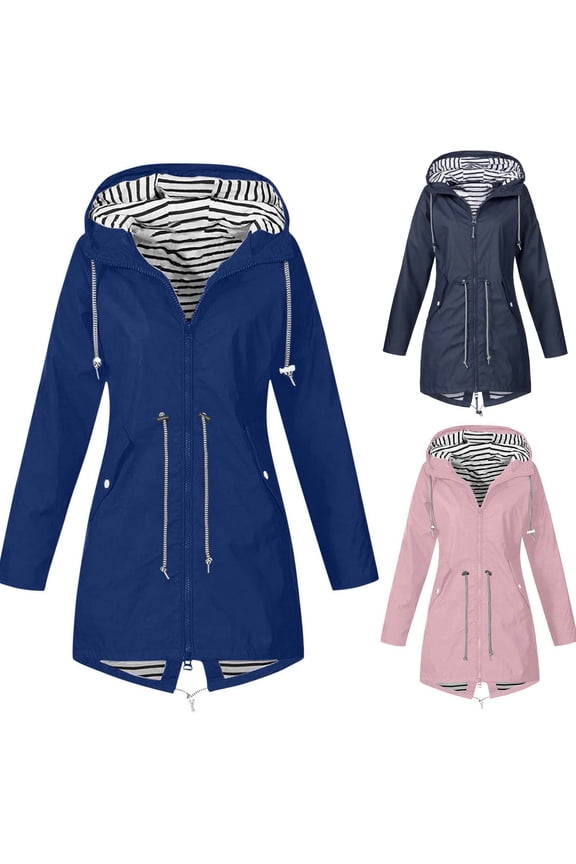Women's Rain Jacket Women's Windbreaker Jackets Multi Drawstring Zip up Hooded Button Long Sleeve Coat with Pocket Plus Size Outdoor Travel Hiking Trench Outerwear,Blue