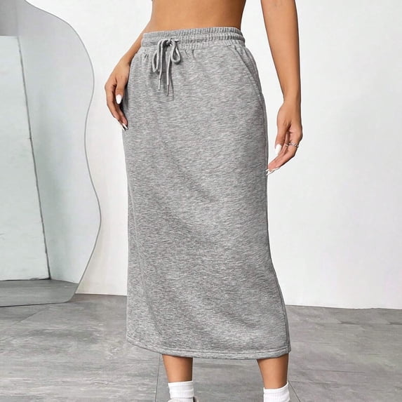WWV Women's Skirt Elastic High Waisted Drawstring Skirt Dress with Pocket Summer Solid Color Vintage Lady Loose Fit Beach Vacation Skirt Gray L