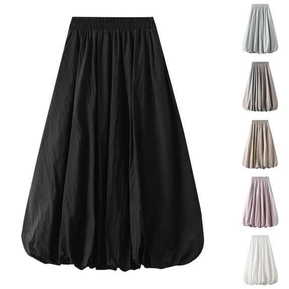 WWV Women's Skirt Elastic Waist Lantern Skirt Dress Summer Solid Color Casual Ladies Loose Fit Wedding Skirt Black