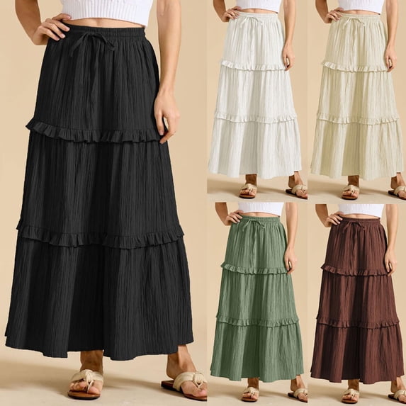 WWV Women's Skirts Elastic Waisted Drawstring Ruffle Layered Skirt Dress Summer Solid Color Vintage Lady Loose Fit Travel Vacation Skirt Beige L
