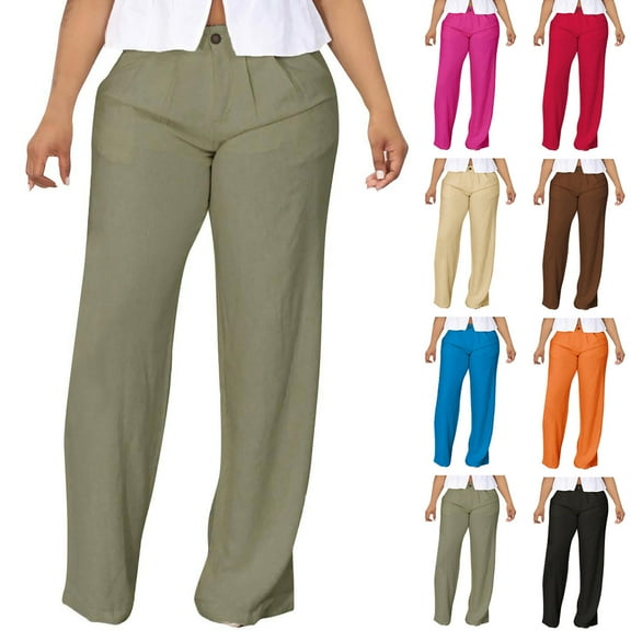 Brondbend Women's Straight Leg Pants Casual Cotton Pants Womens Solid Color High Waisted Pleated Front Button Trendy Pants Regular Fit Fall Versatile Office Work Lightweight