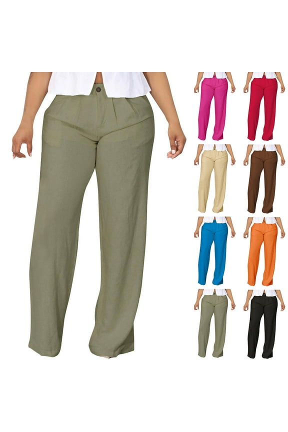 Women's Straight Leg Pants Casual Cotton Pants Womens Solid Color High Waisted Pleated Front Button Trendy Pants Regular Fit Fall Versatile Office Work Lightweight
