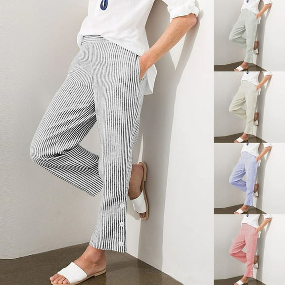 Brondbend Women's Straight Leg Pants Casual Long Pants for Women Stripe Elastic Mid Waisted Flat Front Side Button Trousers with Pockets Fashion Loose Fit Summer Fall Lightweight,Army Green