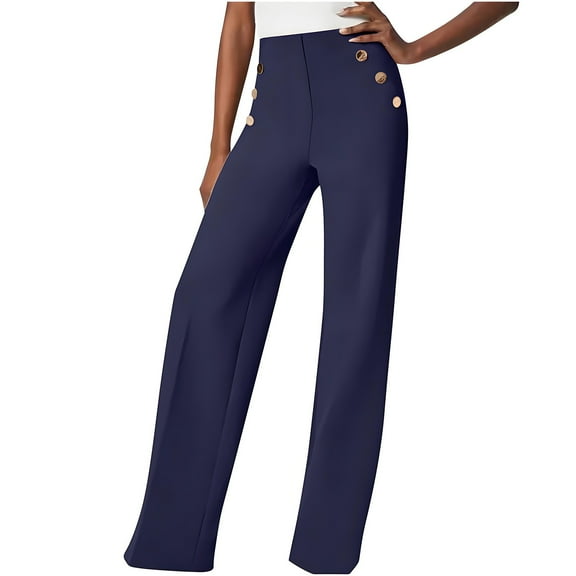 Brondbend Women's Straight Leg Tall Womens Pants High Elastic Waisted Button up Solid Color Trendy Long Trousers with Pocket Slim Fit Business Work Party Fall Lightweight