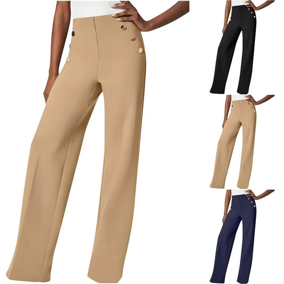 Brondbend Women's Straight Leg Tall Womens Pants High Elastic Waisted Button up Solid Color Trendy Long Trousers with Pocket Slim Fit Business Work Party Fall Lightweight