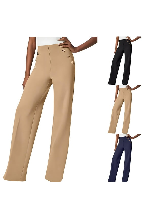 Women's Straight Leg Tall Womens Pants High Elastic Waisted Button up Solid Color Trendy Long Trousers with Pocket Slim Fit Business Work Party Fall Lightweight