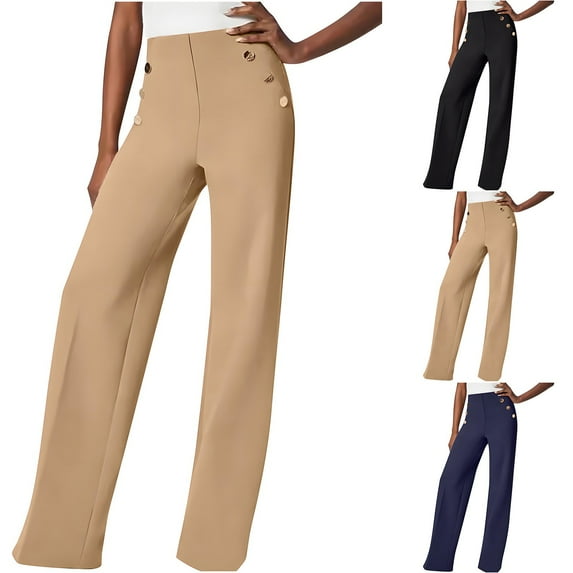 Brondbend Women's Straight Leg Tall Womens Pants High Elastic Waisted Button up Solid Color Trendy Long Trousers with Pocket Slim Fit Business Work Party Fall Lightweight
