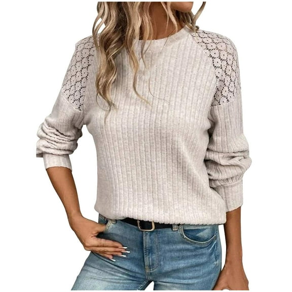 Brondbend Women's Sweaters Pullover for Women Crewneck Lace Splicing Solid Color Long Sleeve Knitted Tops Slim Fit Casual Fall Winter Warm Comfortable Outfits Clothes 2025 Soft