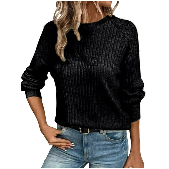 Brondbend Women's Sweaters Pullover for Women Crewneck Lace Splicing Solid Color Long Sleeve Knitted Tops Slim Fit Casual Fall Winter Warm Comfortable Outfits Clothes 2025 Soft