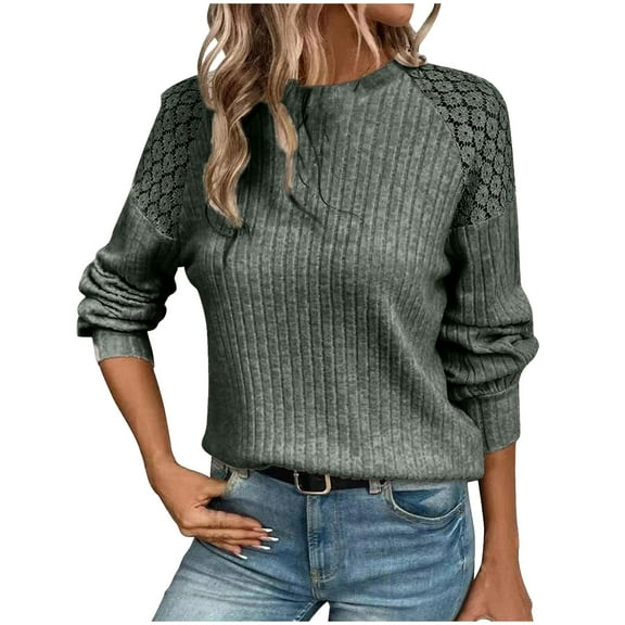 Brondbend Women's Sweaters Pullover for Women Crewneck Lace Splicing Solid Color Long Sleeve Knitted Tops Slim Fit Casual Fall Winter Warm Comfortable Outfits Clothes 2025 Soft