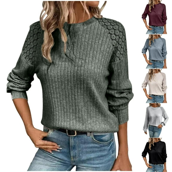 Brondbend Women's Sweaters Pullover for Women Crewneck Lace Splicing Solid Color Long Sleeve Knitted Tops Slim Fit Casual Fall Winter Warm Comfortable Outfits Clothes 2025 Soft