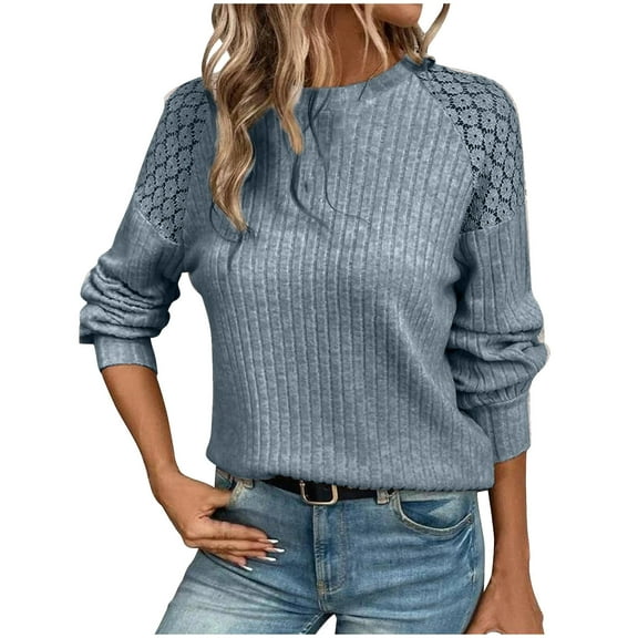 Brondbend Women's Sweaters Pullover for Women Crewneck Lace Splicing Solid Color Long Sleeve Knitted Tops Slim Fit Casual Fall Winter Warm Comfortable Outfits Clothes 2025 Soft