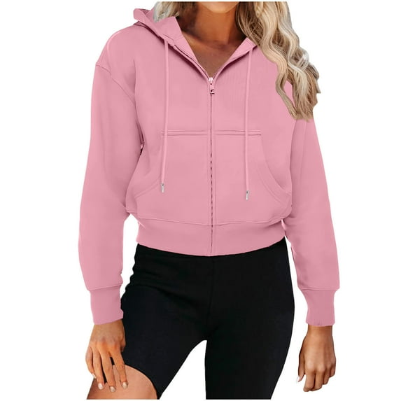 Brondbend Women's Sweatshirts Womens Pullovers Hooded Full Zipper Long Sleeve Solid Color Front Pocket Casual Top with Drawstring Loose Fall Fashion Party Vacation Comfortable Clothes(Pink)