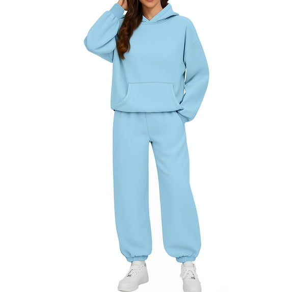 Brondbend Women's Sweatsuits Hoodies for Woman Long Sleeved Pocket Pullover Solid High Waist Jogger Outfits Fashion Loose Tracksuits Festival Fall Winter Sets Light Blue