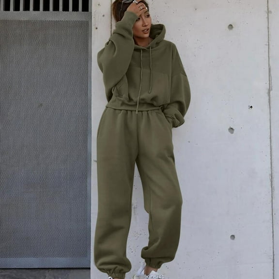 Brondbend Women's Sweatsuits Women's Hoodie Long Sleeved Pocket Drawstring Pullover Solid High Waist Jogger Outfits Fashion Loose Tracksuits Athletic Fall Winter Sets Khaki