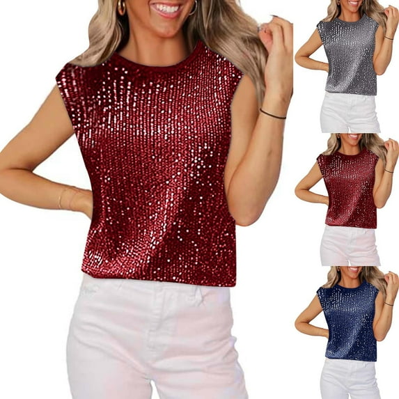 Brondbend Women's T-Shirts Women Tops Casual Crewneck Short Sleeved Sequin Solid Color Blouse Lightweight Loose Fit Lady Tops Daily Spring Summer Clothes Dark Blue