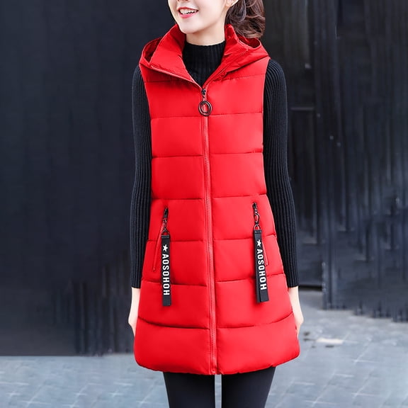 Brondbend Women's Vest Jacket Woman Coats Hooded Sleeveless Pocket Zipper Outerwear Solid Color Leisure Loose Fit Coats Ladies Anniversary Tops Red