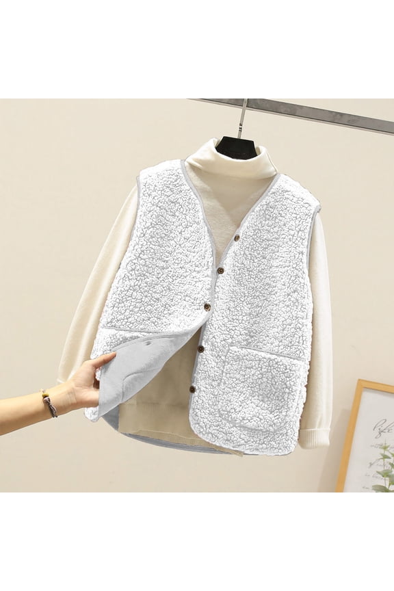 Women's Vests Sleeveless Jacket Solid Color V Neck Open Front Button fuzzy Fleece Vest with Pocket Loose Fit Casual Fall Versatile Outerwear Comfortable,White