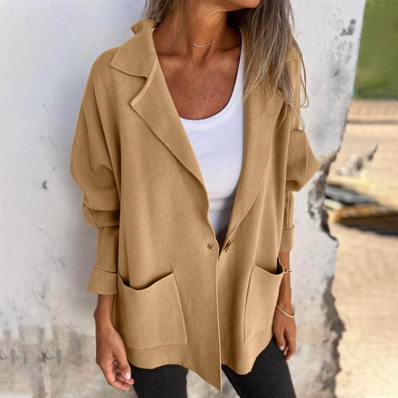 Brondbend Women’s Winter Coat Womens Jacket Turndown Collar Long Sleeved Pocket Button Outerwear Solid Color Stylish Loose Fit Jacket Ladies Work Tops Yellow