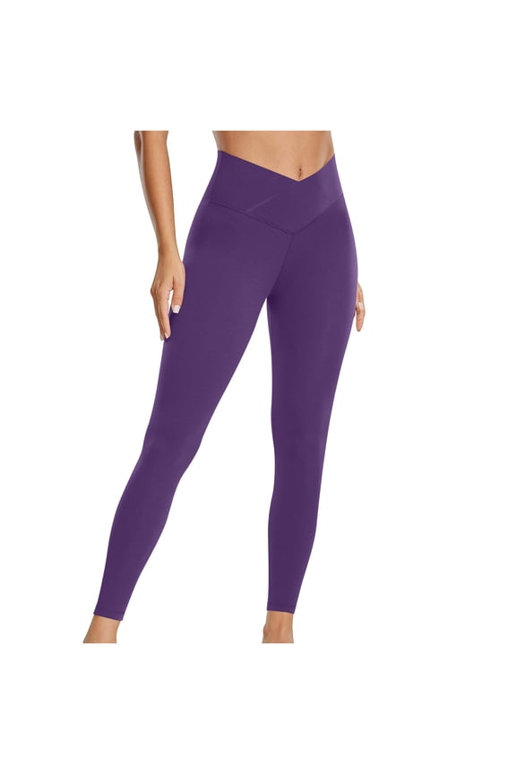Women's Yoga Pants Leggings for Women V Crossover Stretch Waisted Solid Color Butt Lifting Belly Control Tights Trendy Slim Fitness Hiking Athletic Trousers