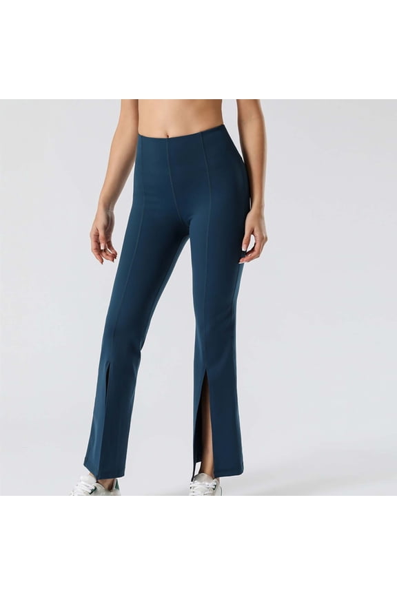 Women's Yoga Pants Yoga Pants Women Elastic Waist Belly Control Workout Trousers Slit Leg Solid Color Fashion Tights Slim Fit Climb Athletic Jogger Dark Blue