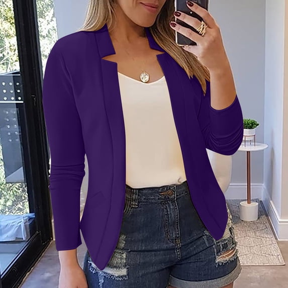 Brondbend Womens Blazer Jacket Womens Work Jacket Solid Color Open Front Long Sleeved Suit Top with Pocket Slim Fit Fashion Office Work Party Formal Clothes,Purple