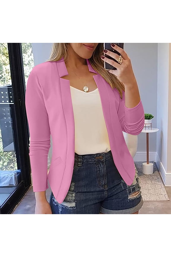 Womens Blazer Jacket Womens Work Jacket Solid Color Open Front Long Sleeved Suit Top with Pocket Slim Fit Fashion Office Work Party Formal Clothes,Pink