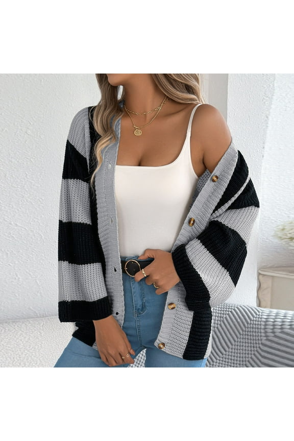 Womens Cardigan Sweaters V-neck Long Sleeves Stripe Open Front Button Down Casual Knitted Cardigan Oversized Fall Winter Outerwear Going out Party Coat Comfortable,Gray