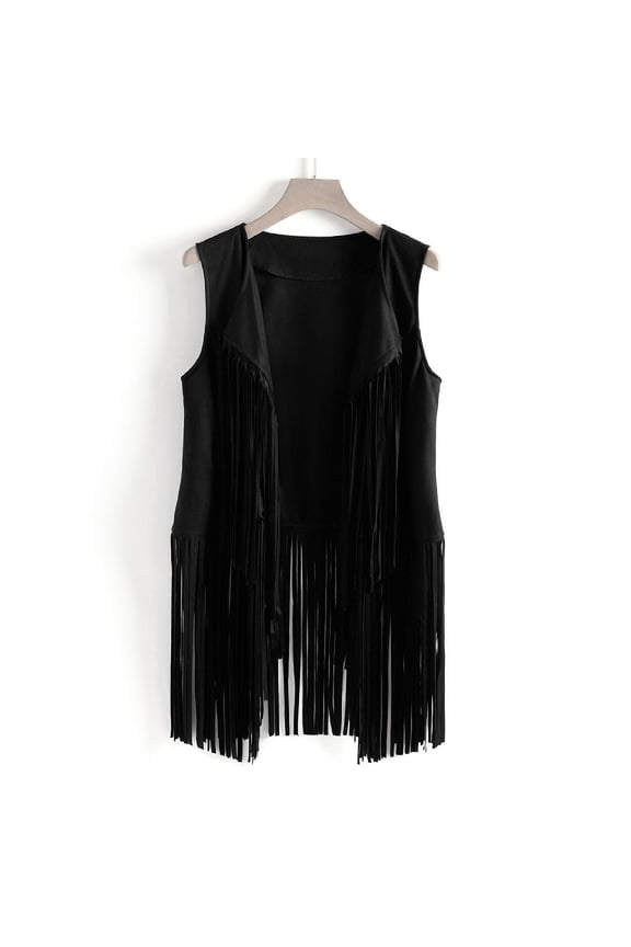 Womens Cardigan Vest Sleeveless Jacket for Womens Solid Color Open Front Western Fringe Suede Leather Vest Tops Vintage Loose Fit Fall Fashion Party Tassels Cowboy Shirt