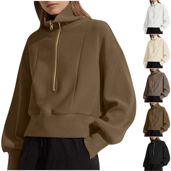 Brondbend Womens Half Zip Pullover Sweatshirt for Women Turtleneck Long Sleeve Solid Color Workout Top Loose Fit Fall Winter Outooor Athletic Comfortable ,Beige
