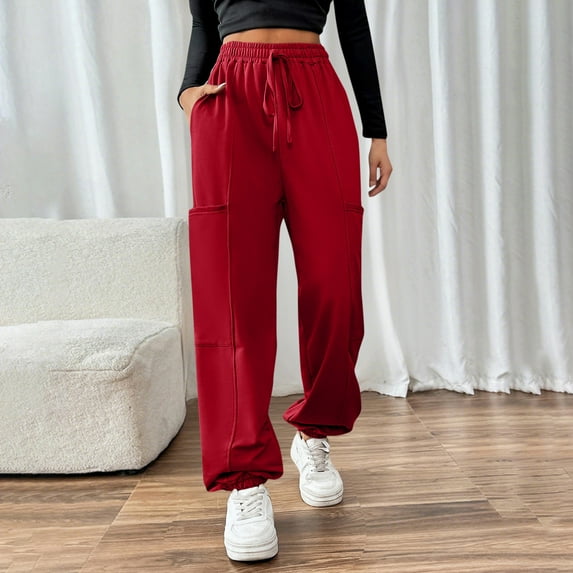Brondbend Womens Jogger Sweatpants Long Pants for Women Casual Solid Color Drawstring Elastic Waist Cotton Workout Trousers with Pocket Wide Leg Outdoor Sport Winter Comfortable