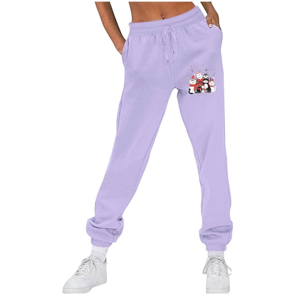 Brondbend Womens Joggers with Pockets Womens Sweatpants High Elastic Waisted Christmas Print Drawstring Workout Trousers Plus Velvet Basic Fit Running Fitness Comfortable Pants,Purple