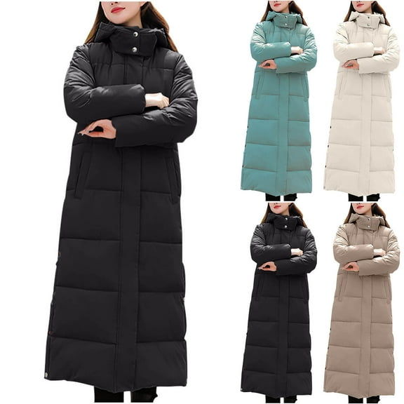 Brondbend Womens Long Winter Coat Puffer Jacket Women Hooded High Neck Zipper Long Sleeved Jacket Solid Pocket Thick Outerwear Oversized Comfortable Party Work Clothes,Black