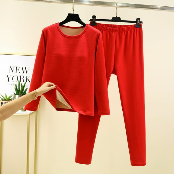 Brondbend Womens Pajamas Sets Winter 2 Piece Fleece Sleepwear Outfits Crewneck Long Sleeve Solid Color top with Elastic Waist Long Pants,Loose Fit Comfortable Warm Set for Home Wear,Red