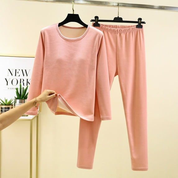 Brondbend Womens Pajamas Sets Winter 2 Piece Fleece Sleepwear Outfits Crewneck Long Sleeve Solid Color top with Elastic Waist Long Pants,Loose Fit Comfortable Warm Set for Home Wear,Pink