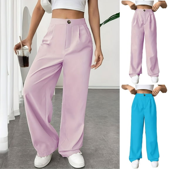 Brondbend Womens Pant Suit Tall Straight Leg Pants Womens High Waisted Solid Color Button Trendy Trousers Loose Casual Business Office Work Party Outfits Lightweight