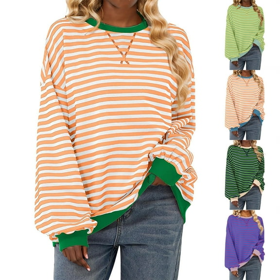 Brondbend Womens Pullover Sweatshirt Tops for Women Multicolour Stripe Crewneck Trendy Long Sleeve Shirts Plus Size Casual Fall Party Work Lightweight Blouses