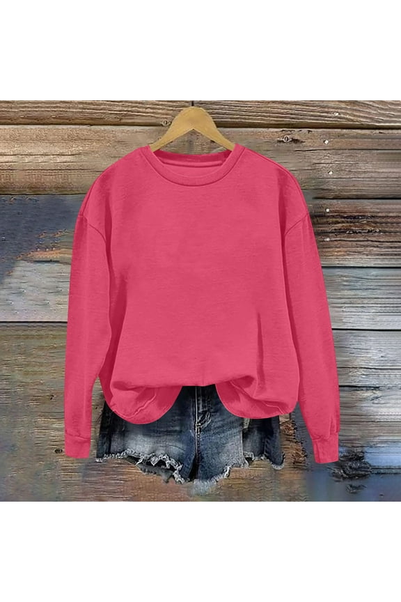 Womens Pullover Sweatshirts for Women Crewneck Long Sleeve Solid Color Fashion Athletic Top Plus Size Fall Winter Trendy Party Outdoor Workout Blouse Comfortable,Hot Pink