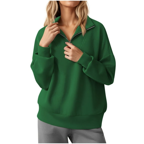 Brondbend Womens Quarter Zip Sweatshirt Pullover Women Lapel Long Sleeved Solid Color Casual Top Oversized Fall Winter Workout Comfortable Party Top,Green