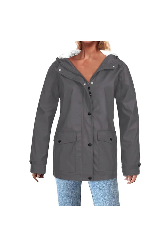 Womens Raincoats Waterproof with Hood Hiking Jacket Women Solid Color Zip up Button Long Sleeved Rain Jacket Windbreaker with Pockets Loose Fall Outdoor Warm Trench Coats,Gray