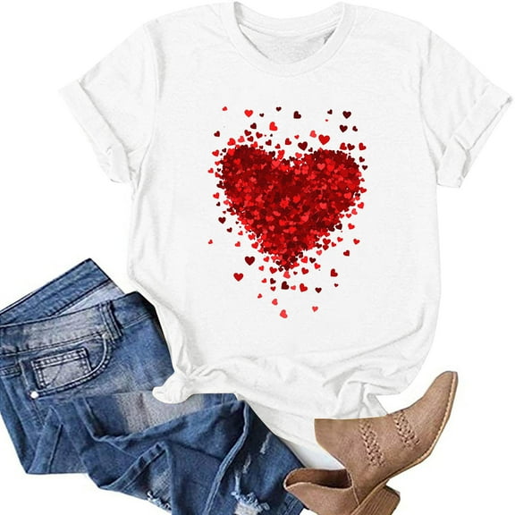 Brondbend Womens Shirt Valentine's Day Tops for Women Trendy Crewneck Short Sleeved Print Blouse Fashion Loose Fit Lady Tops Party Spring Summer Clothes White