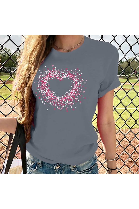 Womens Shirt Valentine's Day Trendy Womens Tops Crewneck Short Sleeve Print Blouse Casual Loose Fit Lady Tops Weekend Spring Summer Clothes Gray