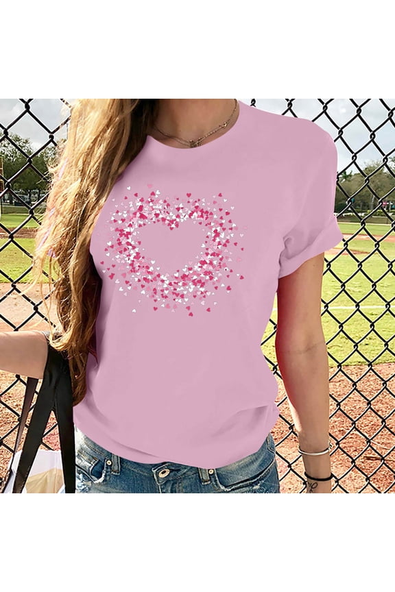 Womens Shirts Valentine's Day Womens Trendy Tops Crewneck Short Sleeve Print Blouse Casual Loose Fit Lady Tops Going out Spring Summer Clothes Pink
