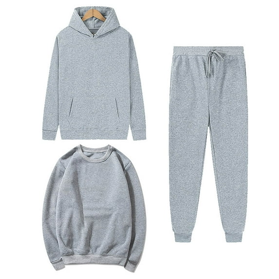 Brondbend Womens Sweat Suits 3 Piece Set Tracksuit Women Long Sleeved Hooded Front Pocket Solid Pullover Sweatshirt and Casual Sweatpant Outfit Loose Fall Winter Athletic Set,Gray