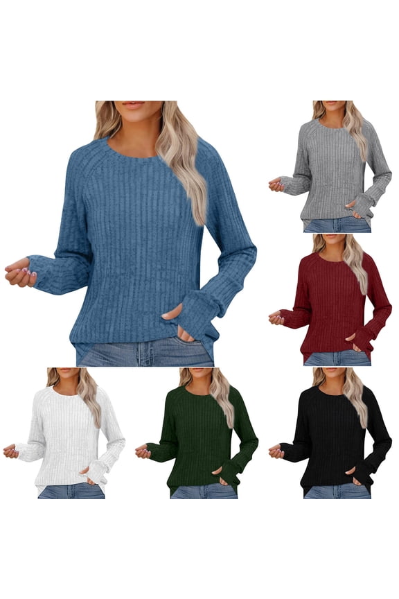 Womens Sweaters Fall Knitted Sweaters for Women Crewneck Long Sleeve Solid Color Fashion Top Slim Fit Thick Pullover Winter Versatile Party Warm Top,Black