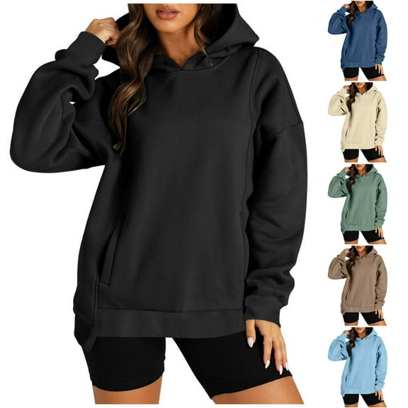 Brondbend Womens Sweatshirt Oversized Hoodies for Women Long Sleeved Solid Color Casual Pullover with Pocket Plus Size Fall Winter Outdoor Workout Fashion Party Versatile Top(Black)