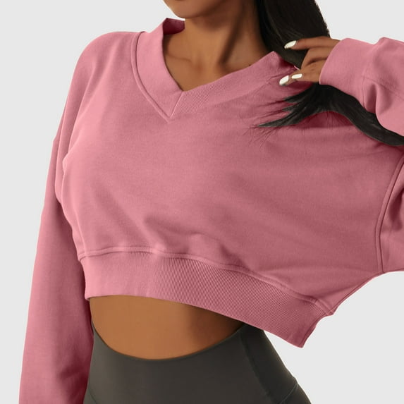 Brondbend Womens Sweatshirts Pullover for Women V Neck Long Sleeved Solid Color Crop Workout Top Loose Fit Fall Winter Fashion Party Outdoor Athletic Comfortable ,Pink