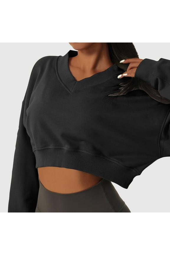 Womens Sweatshirts Pullover for Women V Neck Long Sleeved Solid Color Crop Workout Top Loose Fit Fall Winter Fashion Party Outdoor Athletic Comfortable ,Black